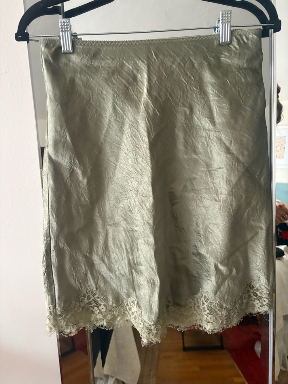 J. Crew mint Green Satin Slip Skirt with Lace Trim